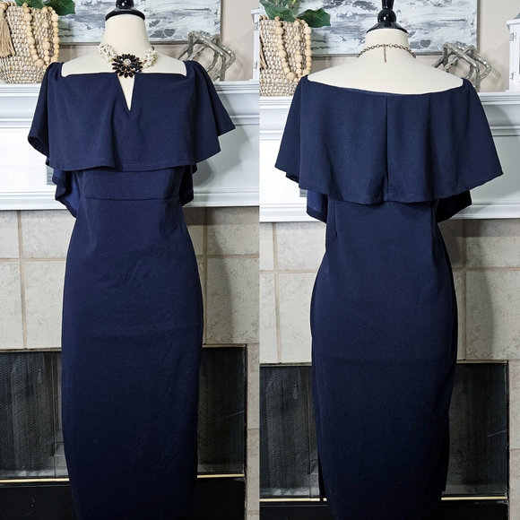 Chic Navy Ruffle Pff Shoulder Midi Dress 3XL - Picture 1 of 4